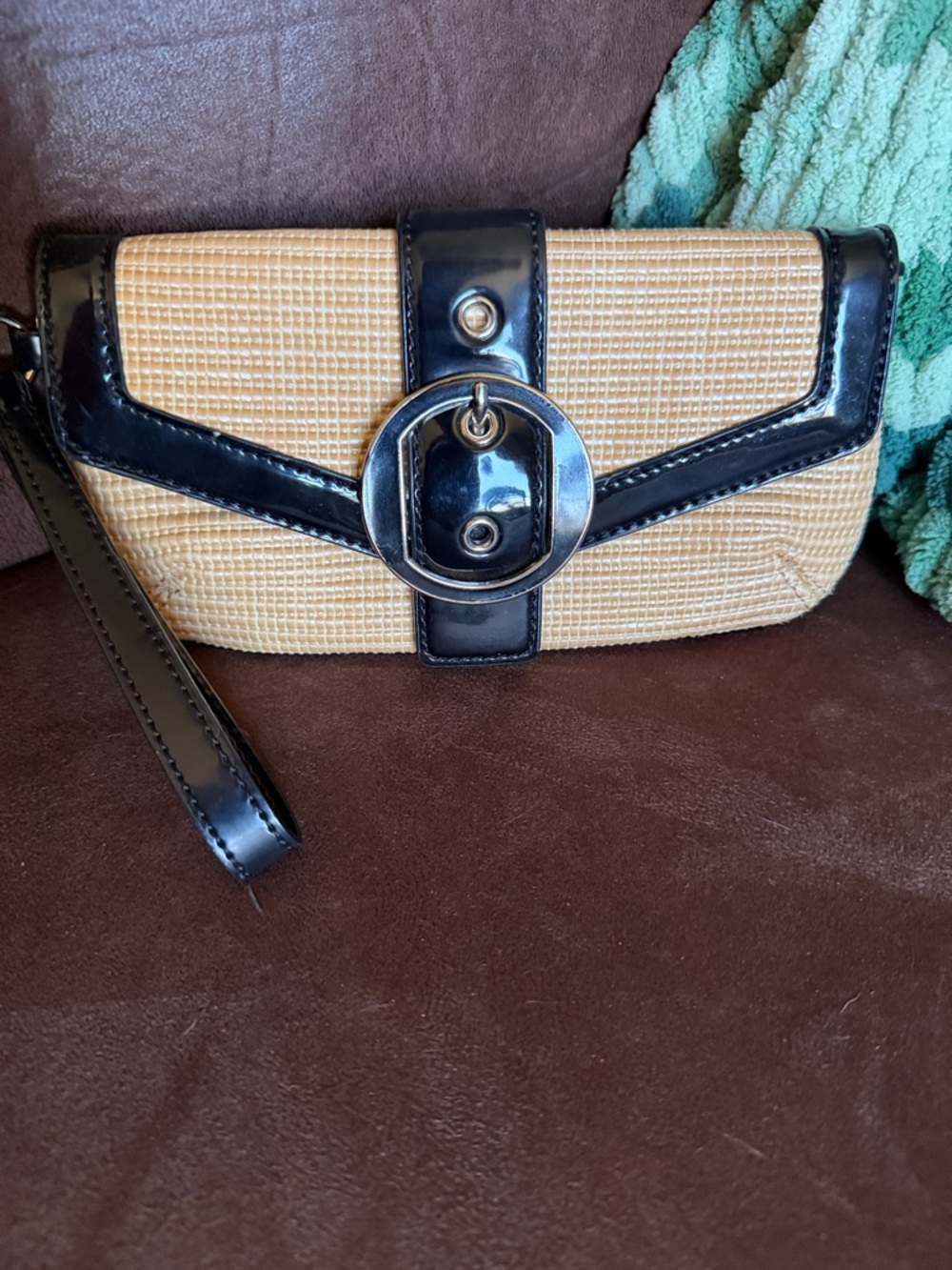 Ann Taylor Beige Woven Wristlet with Black Patent Trim